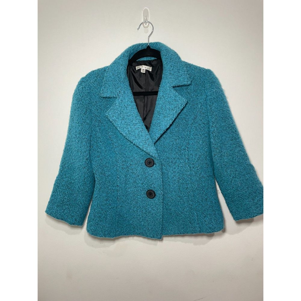 CABI teal blue boucle jacket blazer.  Women size 6.  Double Button.  Wool blend.